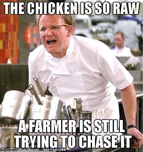 Gordon Ramsay, It's raw | THE CHICKEN IS SO RAW; A FARMER IS STILL TRYING TO CHASE IT | image tagged in gordon ramsay it's raw | made w/ Imgflip meme maker