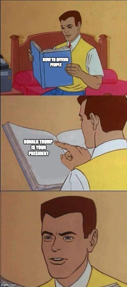 Book of Idiots | HOW TO OFFEND PEOPLE; DONALD TRUMP IS YOUR PRESIDENT | image tagged in book of idiots | made w/ Imgflip meme maker