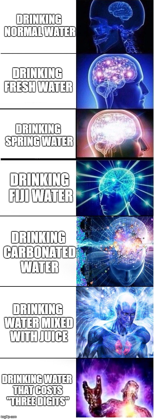 I drink water that is priceless. | DRINKING NORMAL WATER; DRINKING FRESH WATER; DRINKING SPRING WATER; DRINKING FIJI WATER; DRINKING CARBONATED WATER; DRINKING WATER MIXED WITH JUICE; DRINKING WATER THAT COSTS "THREE DIGITS" | image tagged in expanding brain extended 2,water,fiji water,rich kids,water with juice,carbonated water | made w/ Imgflip meme maker