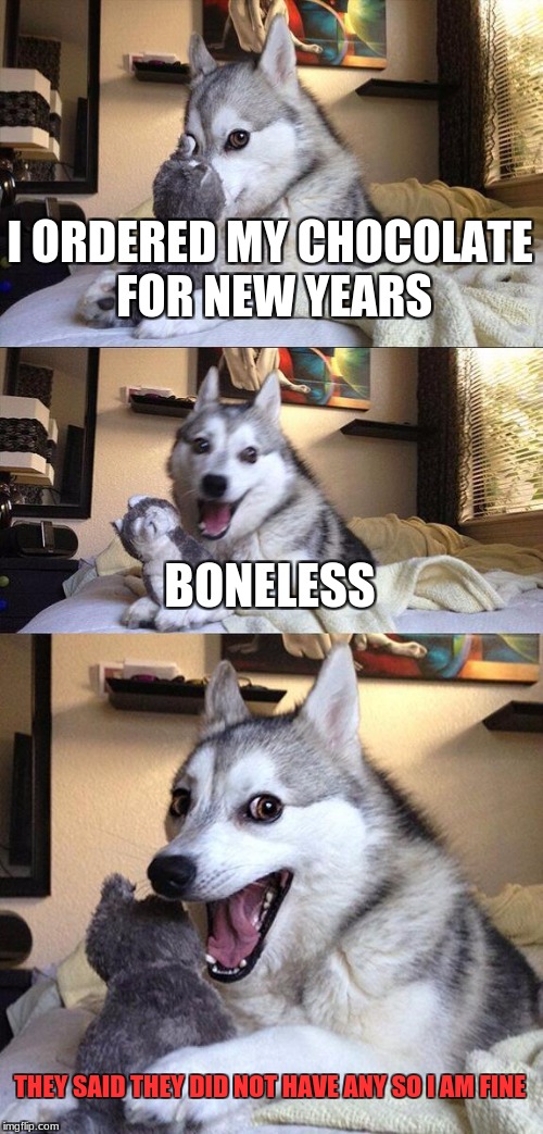Bad Pun Dog Meme | I ORDERED MY CHOCOLATE FOR NEW YEARS BONELESS THEY SAID THEY DID NOT HAVE ANY SO I AM FINE | image tagged in memes,bad pun dog | made w/ Imgflip meme maker
