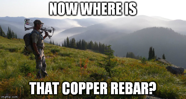 hunting and walking | NOW WHERE IS; THAT COPPER REBAR? | image tagged in hunting and walking | made w/ Imgflip meme maker
