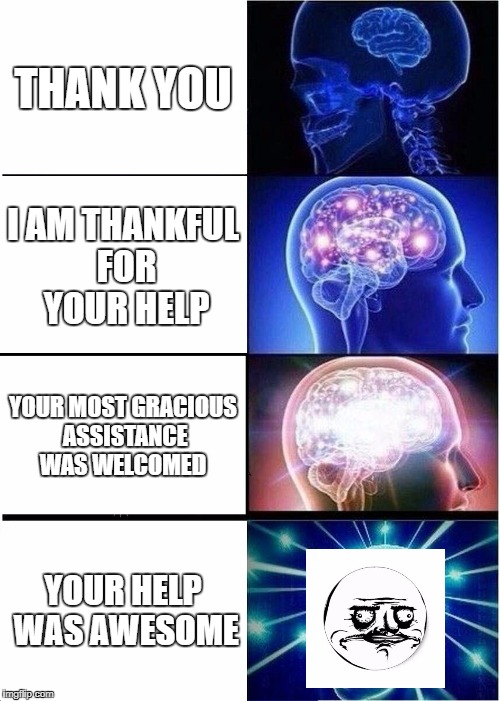 This is my life, up up up in grammar and word usage and all the way back down  | THANK YOU; I AM THANKFUL FOR YOUR HELP; YOUR MOST GRACIOUS ASSISTANCE WAS WELCOMED; YOUR HELP WAS AWESOME | image tagged in memes,expanding brain | made w/ Imgflip meme maker