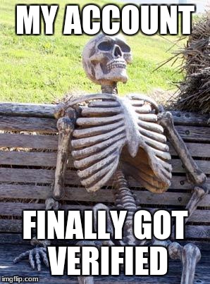 Waiting Skeleton Meme | MY ACCOUNT; FINALLY GOT VERIFIED | image tagged in memes,waiting skeleton | made w/ Imgflip meme maker