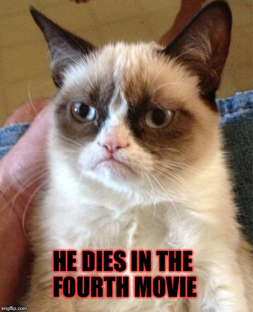 Grumpy Cat Meme | HE DIES IN THE FOURTH MOVIE | image tagged in memes,grumpy cat | made w/ Imgflip meme maker