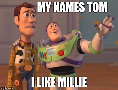 X, X Everywhere Meme | MY NAMES TOM; I LIKE MILLIE | image tagged in memes,x x everywhere | made w/ Imgflip meme maker