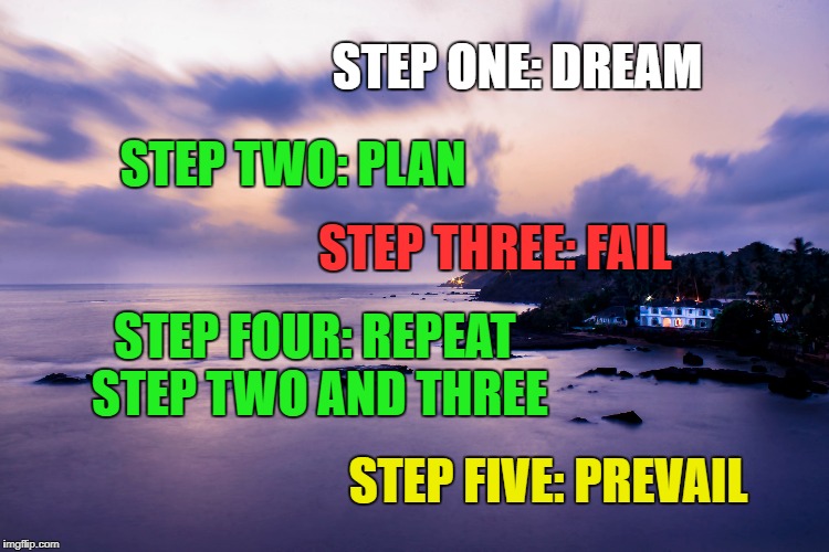 Success: Formula  | STEP ONE: DREAM; STEP TWO: PLAN; STEP THREE: FAIL; STEP FOUR: REPEAT STEP TWO AND THREE; STEP FIVE: PREVAIL | image tagged in success,life,goals,inspirational quote,motivation,steps to success | made w/ Imgflip meme maker