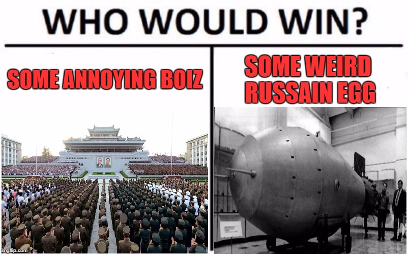 Who would win??? | SOME ANNOYING BOIZ; SOME WEIRD RUSSAIN EGG | image tagged in who would win,north korea,nukes,dank memes,funny memes,memes | made w/ Imgflip meme maker