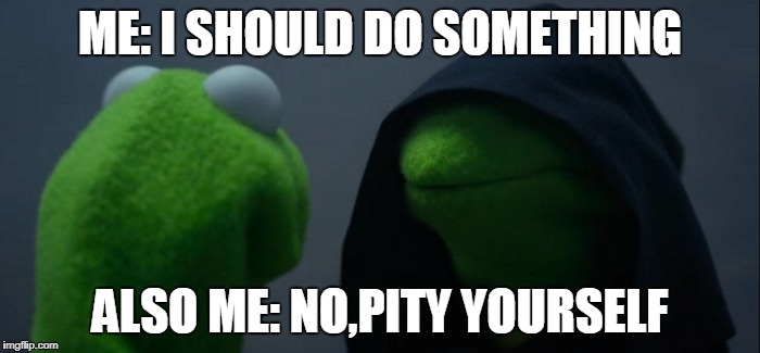 Evil Kermit | ME: I SHOULD DO SOMETHING; ALSO ME: NO,PITY YOURSELF | image tagged in memes,evil kermit | made w/ Imgflip meme maker