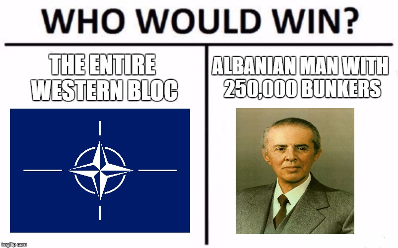 Who Would Win? Meme | THE ENTIRE WESTERN BLOC; ALBANIAN MAN WITH 250,000 BUNKERS | image tagged in memes,who would win,communism,albania,western world,bunkers | made w/ Imgflip meme maker