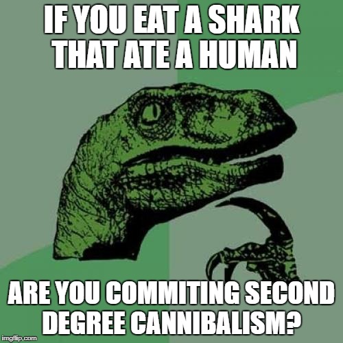 Philosoraptor | IF YOU EAT A SHARK THAT ATE A HUMAN; ARE YOU COMMITING SECOND DEGREE CANNIBALISM? | image tagged in memes,philosoraptor | made w/ Imgflip meme maker