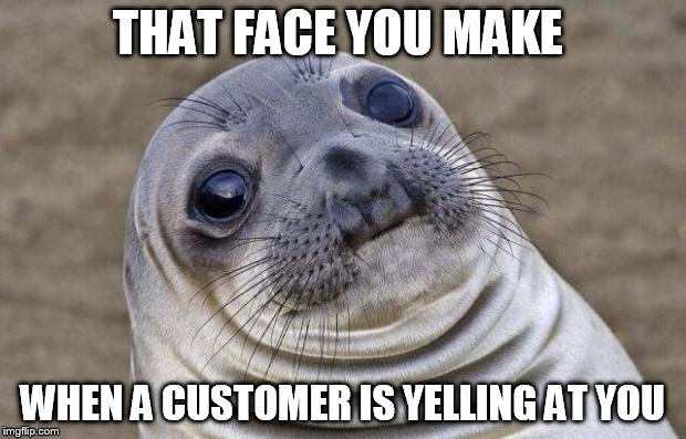 that face I make | THAT FACE YOU MAKE; WHEN A CUSTOMER IS YELLING AT YOU | image tagged in memes,awkward moment sealion | made w/ Imgflip meme maker