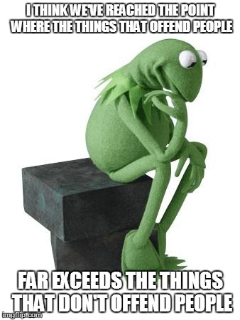 Philosophy Kermit | I THINK WE'VE REACHED THE POINT WHERE THE THINGS THAT OFFEND PEOPLE; FAR EXCEEDS THE THINGS THAT DON'T OFFEND PEOPLE | image tagged in philosophy kermit | made w/ Imgflip meme maker
