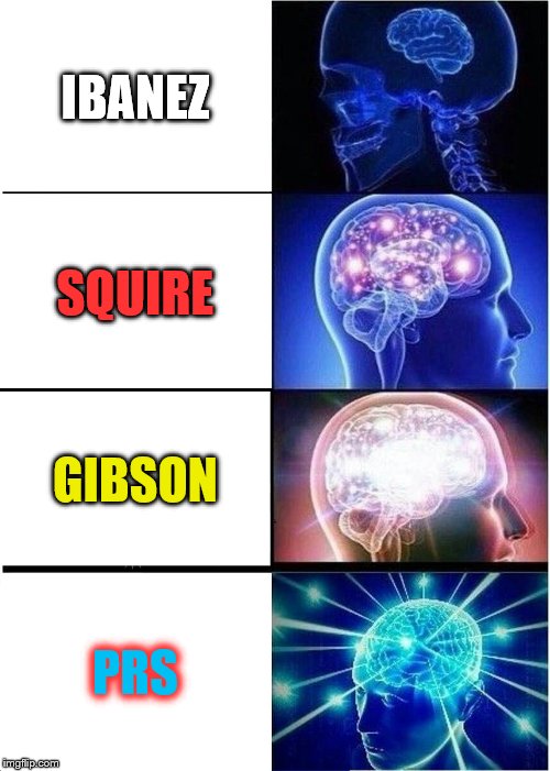 Expanding the Guitar Players Brain | IBANEZ; SQUIRE; GIBSON; PRS | image tagged in memes,expanding brain,guitars | made w/ Imgflip meme maker