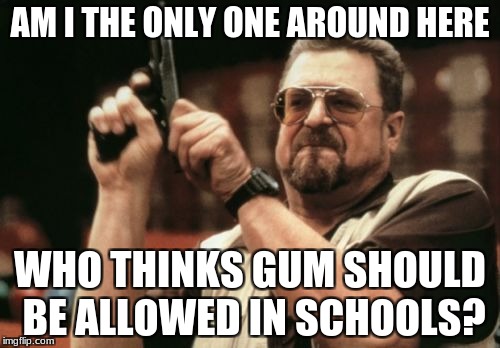 Am I The Only One Around Here Meme | AM I THE ONLY ONE AROUND HERE; WHO THINKS GUM SHOULD BE ALLOWED IN SCHOOLS? | image tagged in memes,am i the only one around here | made w/ Imgflip meme maker