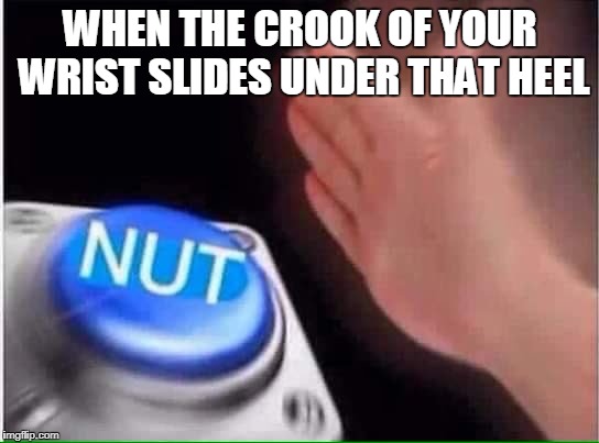 Nut button | WHEN THE CROOK OF YOUR WRIST SLIDES UNDER THAT HEEL | image tagged in nut button | made w/ Imgflip meme maker