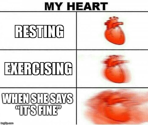 MY HEART | WHEN SHE SAYS “IT’S FINE” | image tagged in my heart | made w/ Imgflip meme maker