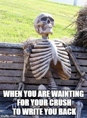 Waiting Skeleton Meme | WHEN YOU ARE WAINTING FOR YOUR CRUSH TO WRITE YOU BACK | image tagged in memes,waiting skeleton | made w/ Imgflip meme maker