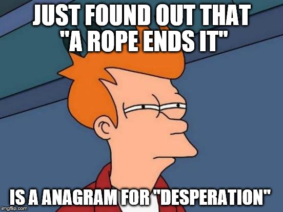 Ooh SpOoPy | JUST FOUND OUT THAT "A ROPE ENDS IT"; IS A ANAGRAM FOR "DESPERATION" | image tagged in memes,futurama fry | made w/ Imgflip meme maker