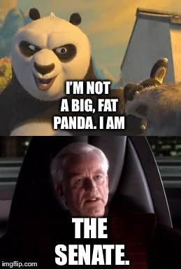 Po imitates Palpitine as he defeats Tai Lung | I’M NOT A BIG, FAT PANDA. I AM; THE SENATE. | image tagged in funny memes | made w/ Imgflip meme maker