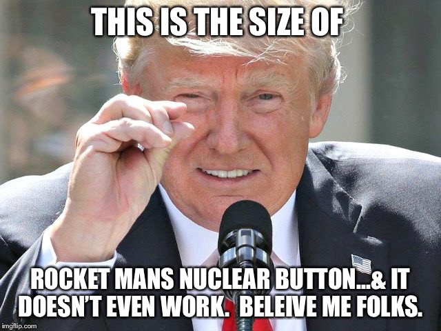 THIS IS THE SIZE OF; ROCKET MANS NUCLEAR BUTTON...& IT DOESN’T EVEN WORK.  BELEIVE ME FOLKS. | image tagged in trump mocking rocketman | made w/ Imgflip meme maker