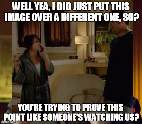 WELL YEA, I DID JUST PUT THIS IMAGE OVER A DIFFERENT ONE, SO? YOU'RE TRYING TO PROVE THIS POINT LIKE SOMEONE'S WATCHING US? | made w/ Imgflip meme maker