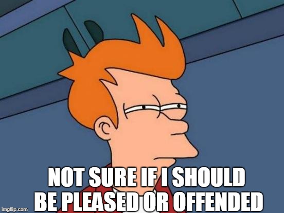 Futurama Fry Meme | NOT SURE IF I SHOULD BE PLEASED OR OFFENDED | image tagged in memes,futurama fry | made w/ Imgflip meme maker