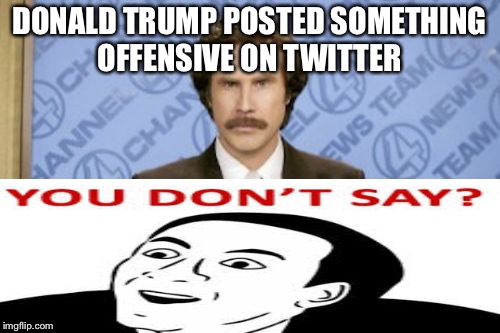 Ron Burgundy | DONALD TRUMP POSTED SOMETHING OFFENSIVE ON TWITTER | image tagged in memes,ron burgundy,you don't say,donald trump | made w/ Imgflip meme maker