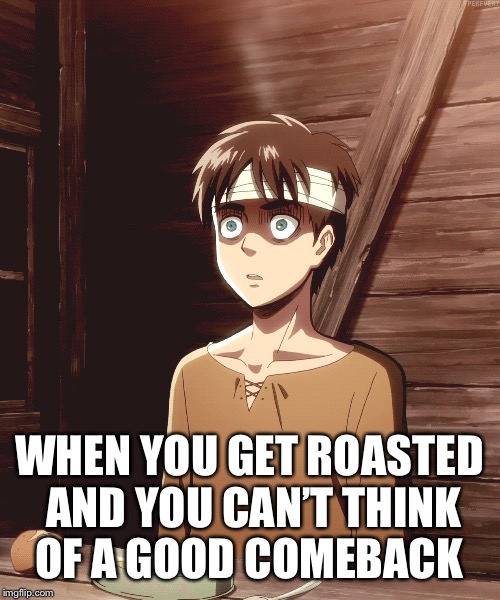 Roasted  | WHEN YOU GET ROASTED AND YOU CAN’T THINK OF A GOOD COMEBACK | image tagged in attack on titan,roasted | made w/ Imgflip meme maker
