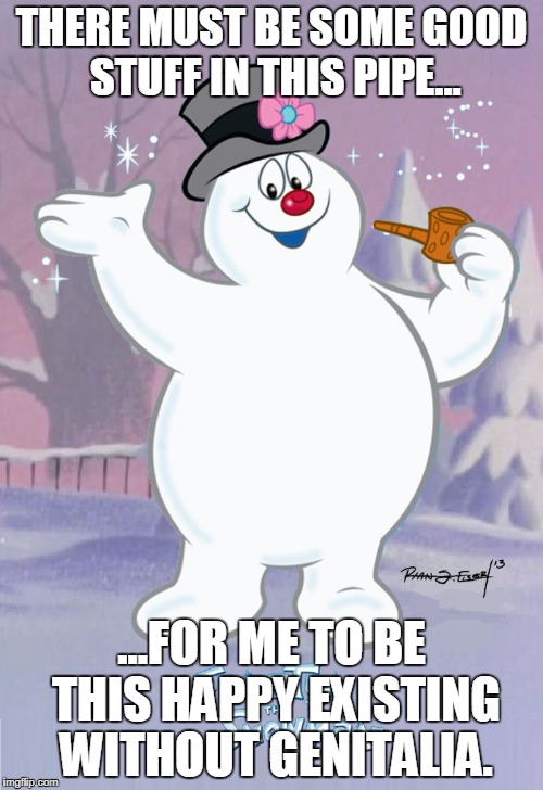 Frosty the Snowman | THERE MUST BE SOME GOOD STUFF IN THIS PIPE... ...FOR ME TO BE THIS HAPPY EXISTING WITHOUT GENITALIA. | image tagged in frosty the snowman | made w/ Imgflip meme maker