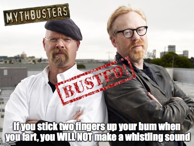 If you stick two fingers up your bum when you fart, you WILL NOT make a whistling sound | image tagged in mythbusters,funny | made w/ Imgflip meme maker