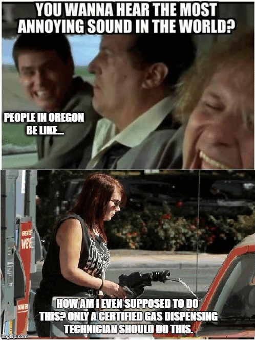 PEOPLE IN OREGON BE LIKE... HOW AM I EVEN SUPPOSED TO DO THIS? ONLY A CERTIFIED GAS DISPENSING TECHNICIAN SHOULD DO THIS. | image tagged in oregon,gas,mee,meme | made w/ Imgflip meme maker