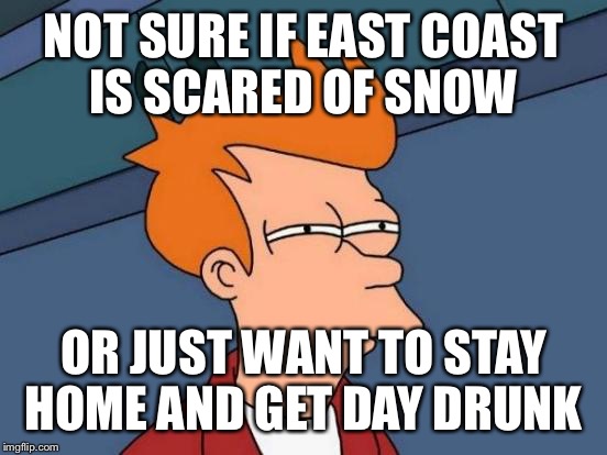 Futurama Fry Meme | NOT SURE IF EAST COAST IS SCARED OF SNOW; OR JUST WANT TO STAY HOME AND GET DAY DRUNK | image tagged in memes,futurama fry | made w/ Imgflip meme maker