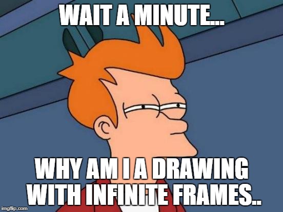 Futurama Fry | WAIT A MINUTE... WHY AM I A DRAWING WITH INFINITE FRAMES.. | image tagged in memes,futurama fry | made w/ Imgflip meme maker