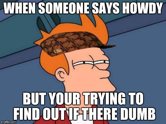 Futurama Fry Meme | WHEN SOMEONE SAYS HOWDY; BUT YOUR TRYING TO FIND OUT IF THERE DUMB | image tagged in memes,futurama fry,scumbag | made w/ Imgflip meme maker