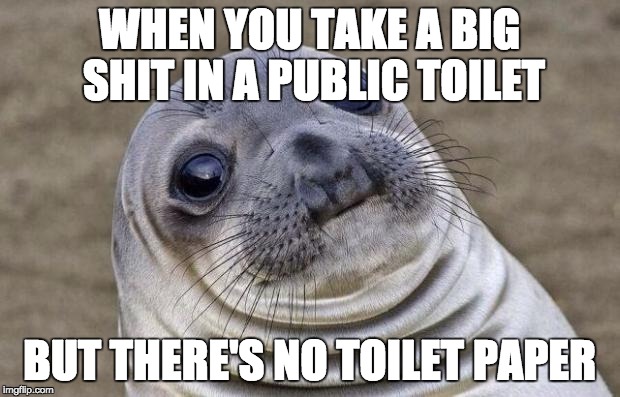 Awkward Moment Sealion | WHEN YOU TAKE A BIG SHIT IN A PUBLIC TOILET; BUT THERE'S NO TOILET PAPER | image tagged in memes,awkward moment sealion | made w/ Imgflip meme maker