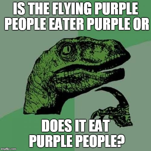 You werent being very specific, person who came up with that | IS THE FLYING PURPLE PEOPLE EATER PURPLE OR; DOES IT EAT PURPLE PEOPLE? | image tagged in memes,philosoraptor | made w/ Imgflip meme maker