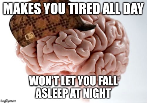 I don’t think I ever fell asleep last night. I mostly just laid there with my eyes closed. | MAKES YOU TIRED ALL DAY; WON’T LET YOU FALL ASLEEP AT NIGHT | image tagged in memes,scumbag brain | made w/ Imgflip meme maker
