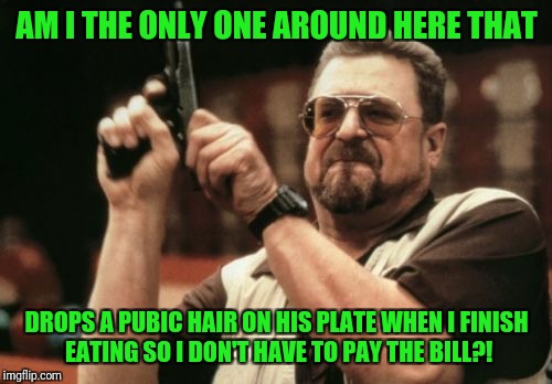 Am I The Only One Around Here Meme | AM I THE ONLY ONE AROUND HERE THAT DROPS A PUBIC HAIR ON HIS PLATE WHEN I FINISH EATING SO I DON'T HAVE TO PAY THE BILL?! | image tagged in memes,am i the only one around here | made w/ Imgflip meme maker