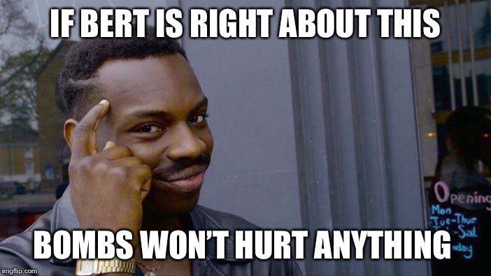 Roll Safe Think About It Meme | IF BERT IS RIGHT ABOUT THIS; BOMBS WON’T HURT ANYTHING | image tagged in memes,roll safe think about it | made w/ Imgflip meme maker