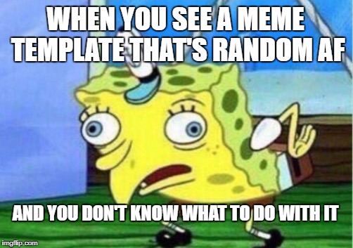 Mocking Spongebob | WHEN YOU SEE A MEME TEMPLATE THAT'S RANDOM AF; AND YOU DON'T KNOW WHAT TO DO WITH IT | image tagged in memes,mocking spongebob,wtf is that,so confused,funny | made w/ Imgflip meme maker