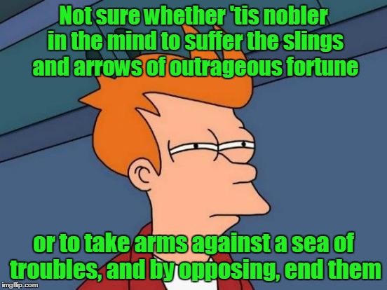 Futurama Fry Meme | Not sure whether 'tis nobler in the mind to suffer the slings and arrows of outrageous fortune or to take arms against a sea of troubles, an | image tagged in memes,futurama fry | made w/ Imgflip meme maker