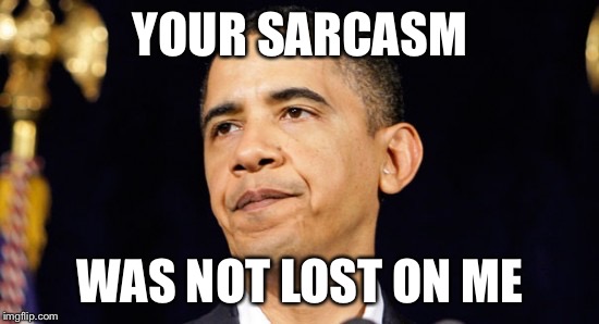 Sarcasm not lost on Obama | YOUR SARCASM; WAS NOT LOST ON ME | image tagged in sarcasm not lost on obama | made w/ Imgflip meme maker