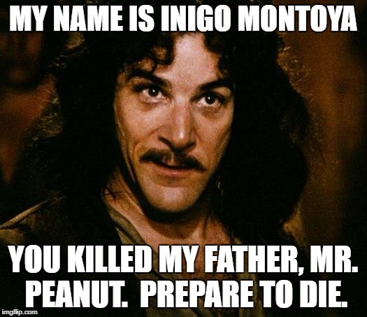 Inigo Montoya Meme | MY NAME IS INIGO MONTOYA; YOU KILLED MY FATHER, MR. PEANUT.  PREPARE TO DIE. | image tagged in memes,inigo montoya | made w/ Imgflip meme maker