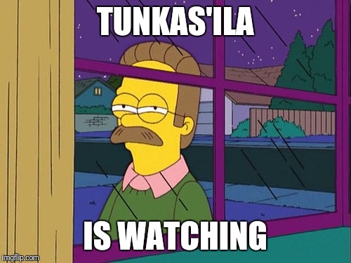 Ned Flanders | TUNKAS'ILA; IS WATCHING | image tagged in ned flanders | made w/ Imgflip meme maker