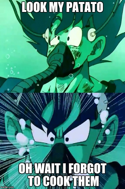Goku recuperado | LOOK MY PATATO; OH WAIT I FORGOT TO COOK THEM | image tagged in goku recuperado | made w/ Imgflip meme maker