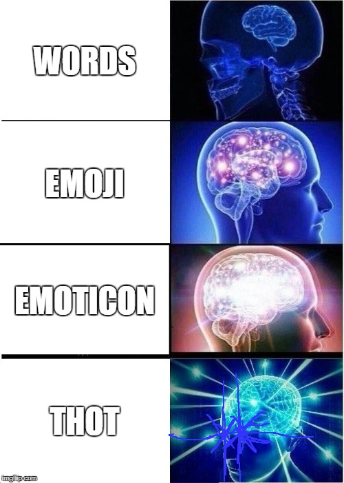 Expanding Brain | WORDS; EMOJI; EMOTICON; THOT | image tagged in memes,expanding brain | made w/ Imgflip meme maker