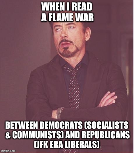 Face You Make Robert Downey Jr | WHEN I READ A FLAME WAR; BETWEEN DEMOCRATS (SOCIALISTS & COMMUNISTS) AND REPUBLICANS (JFK ERA LIBERALS) | image tagged in memes,face you make robert downey jr | made w/ Imgflip meme maker
