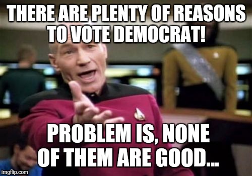 Picard Wtf Meme | THERE ARE PLENTY OF REASONS TO VOTE DEMOCRAT! PROBLEM IS, NONE OF THEM ARE GOOD... | image tagged in memes,picard wtf | made w/ Imgflip meme maker