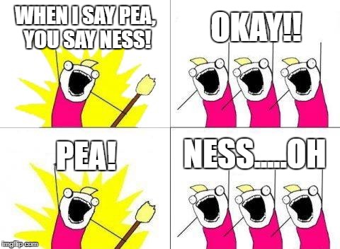 What Do We Want Meme |  WHEN I SAY PEA, YOU SAY NESS! OKAY!! NESS.....OH; PEA! | image tagged in memes,what do we want | made w/ Imgflip meme maker