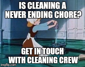 Cinderella Cleaning | IS CLEANING A NEVER ENDING CHORE? GET IN TOUCH WITH CLEANING CREW | image tagged in cinderella cleaning | made w/ Imgflip meme maker